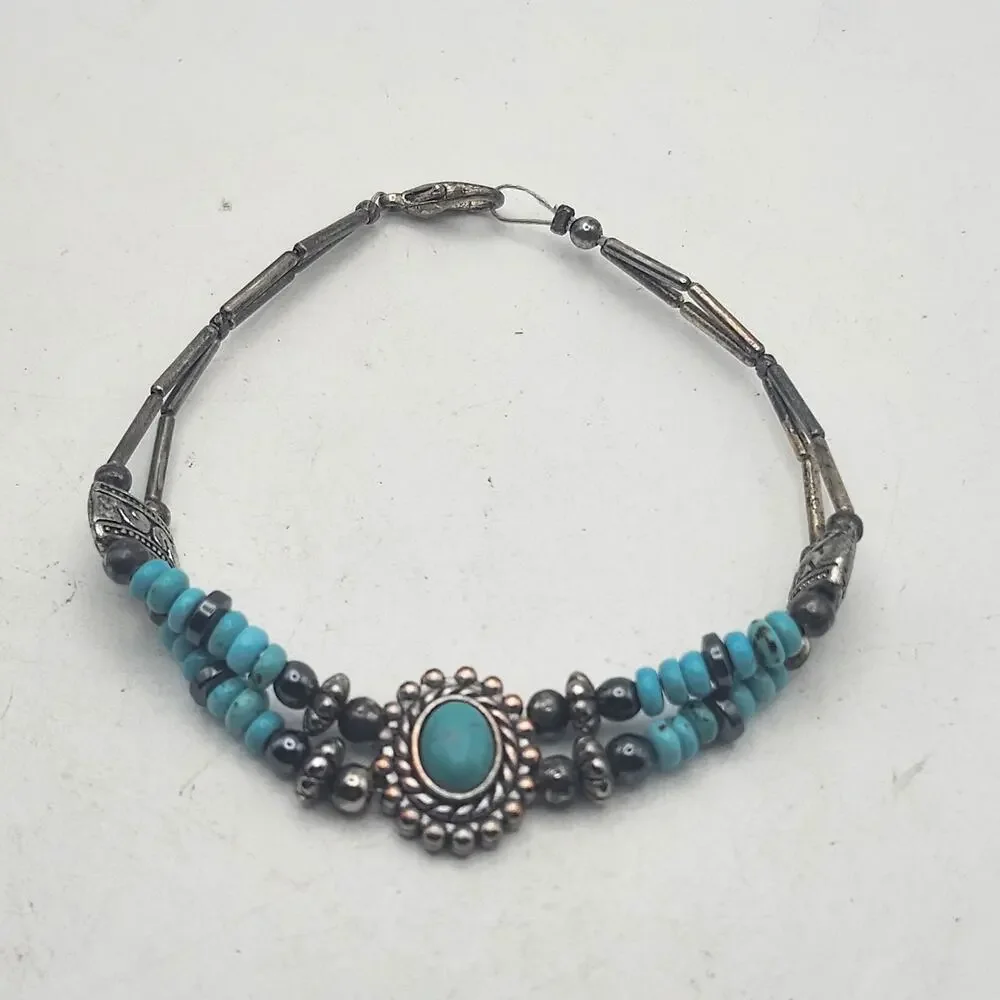 Turquoise Color Beaded Bracelet Silver Tone Boho Southwestern Cuff Lobster 7
